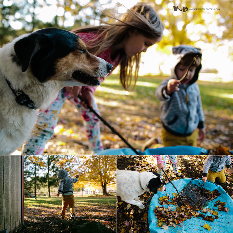 little kids and dog making stone soup in backyard