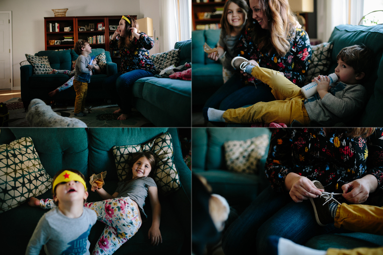 kids being silly and little boy getting shoes on