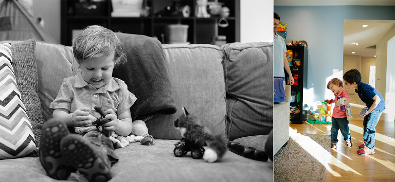 brothers playing in house and little boy on couch with toys