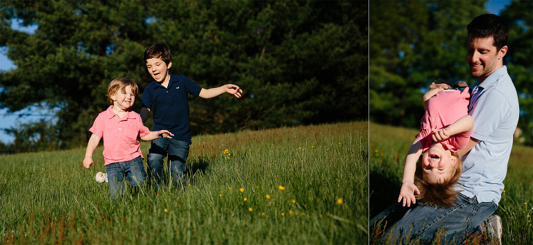 brothers running in field and dad and son playing in field