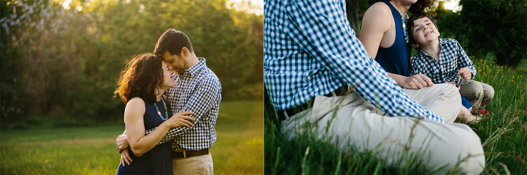 couple hugging in field and little boy snuggling with parents in the grass