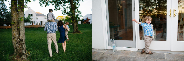 family heading back to house and toddler boy standing at backdoor