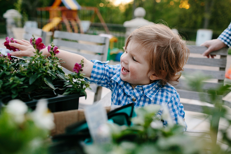 toddler boy touching flower and smiling