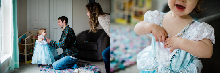 photo of dad dressing daughter up in a princess dress and closeup of toddler girl's hands