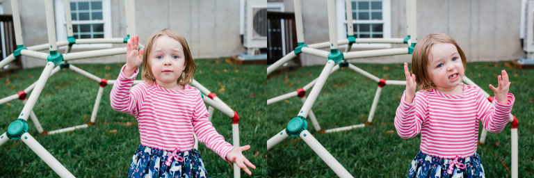 two images of preschool girl talking and motioning with her hands while telling a story