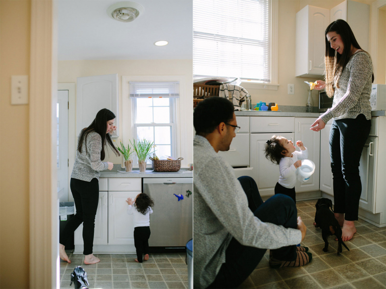 diptych of mom in kitchen getting food for toddler girl