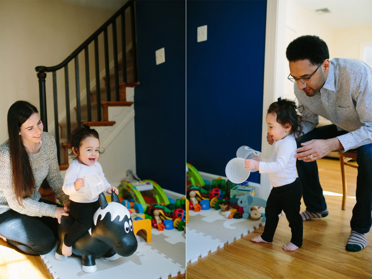 diptych of mom and dad playing with toddler girl in their wynnewood home