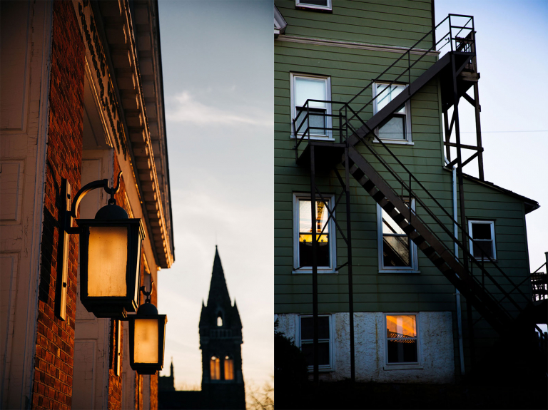 Diptych of two images shot at sunset on a small town street
