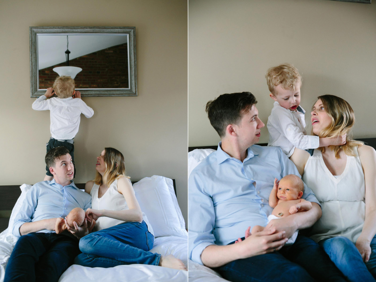 diptych of family with newborn on the bed together
