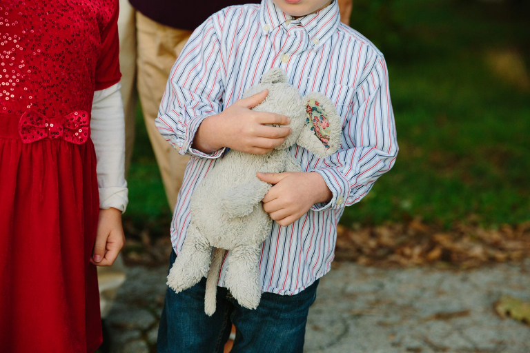 Closeup photograph of little boy holding bunny stuffed animal
