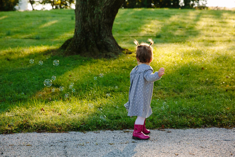 Photograph of little girl with bubbles and pigtails at valley forge