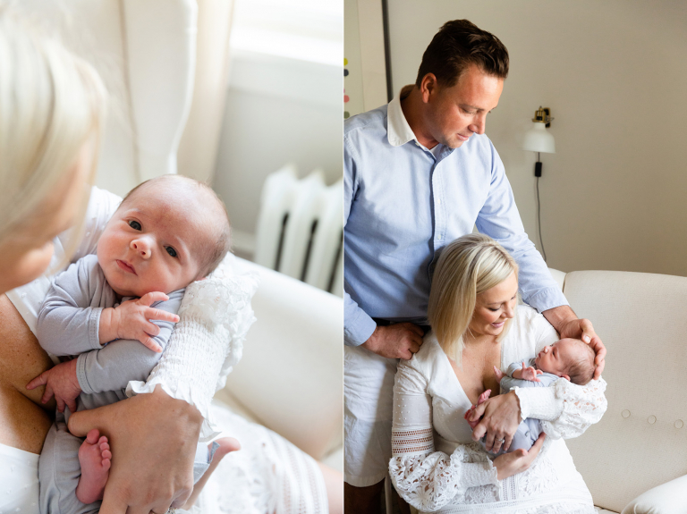 Diptych of newborn gazing up at camera from mom's arms and dad and mom cuddling newborn baby in at home newborn photography session