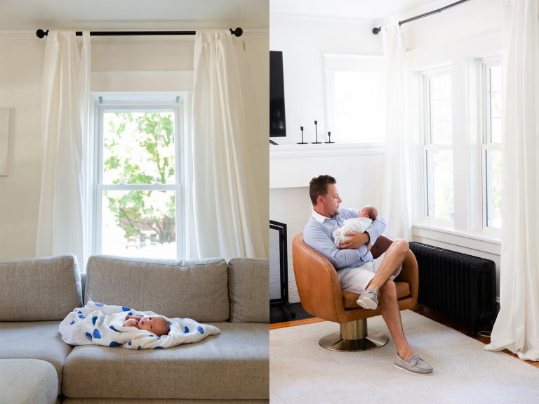 diptych newborn baby portrait in Classic in home Newborn Session and dad holding newborn